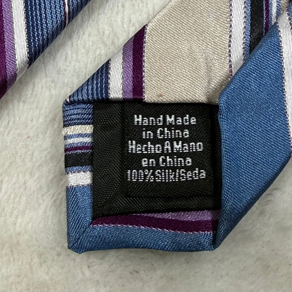 Croft & Barrow Mens Silk Necktie Blue Purple Silver Striped Hand Made 3.5 Inch